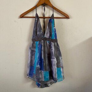 CUT LABEL SMALL SHEER BLUE & GRAY TOP WITH SPAGHETTI STRAPS / EMBELLISHED / 24"